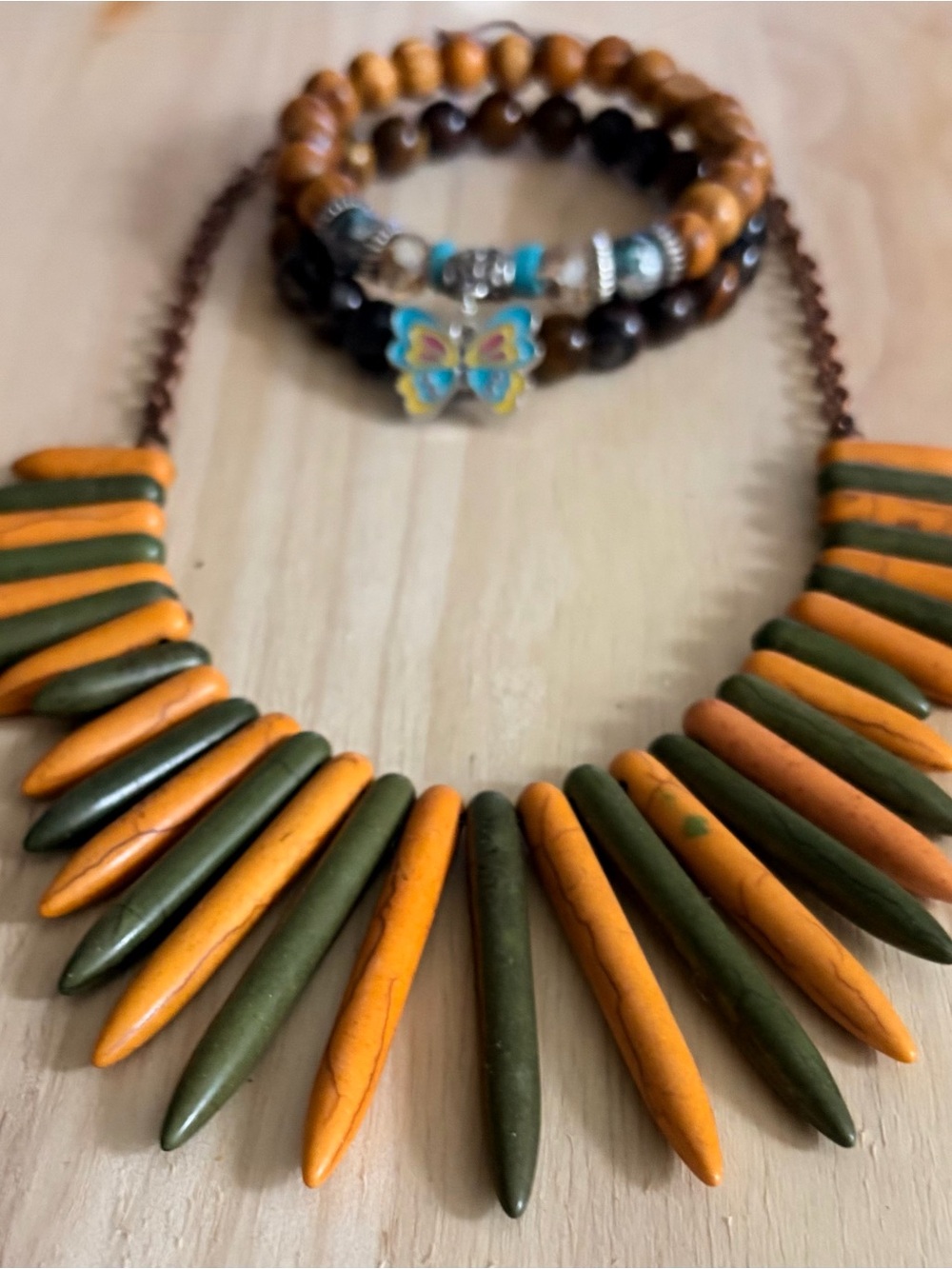 Orange and Olive wooden Spike Pendant Necklace - Women's Jewelry - Picture 3 of 5
